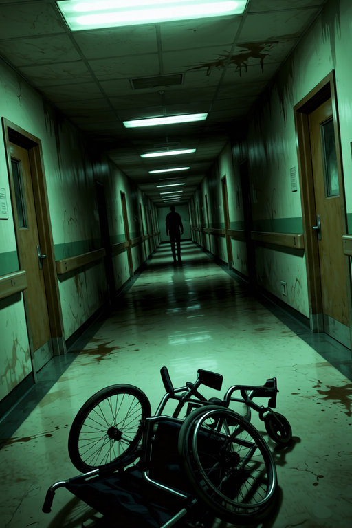 Horror VN scene – shadowy figure in abandoned hospital