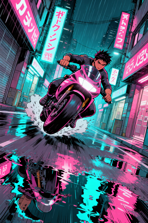 Cyberpunk manga panel – neon alley chase scene