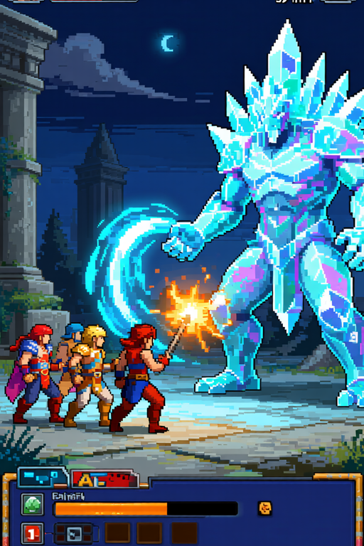 Retro RPG battle screen – party vs boss