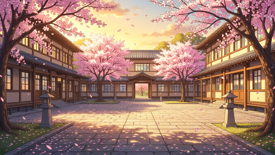 VN background – cherry blossom schoolyard at golden hour