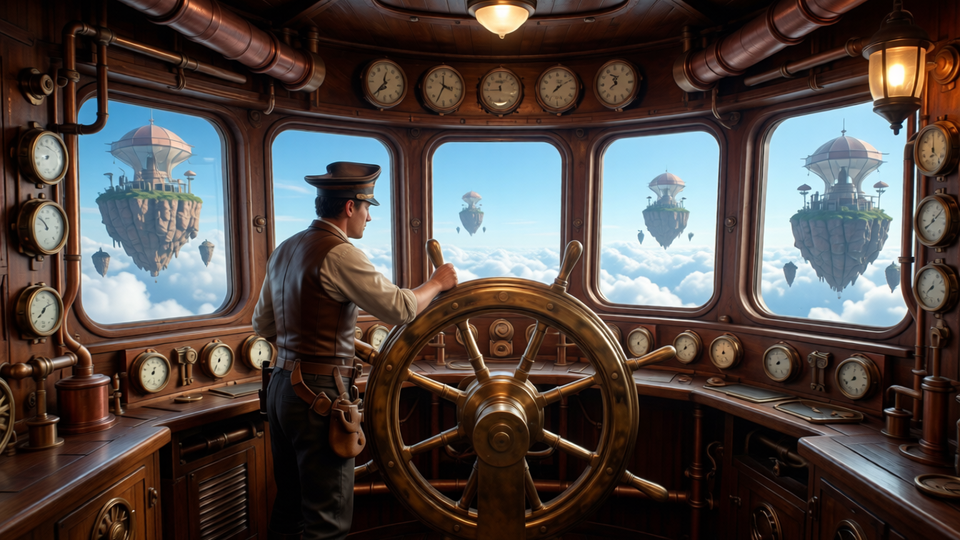 Steampunk airship bridge – captain at the helm in clouds