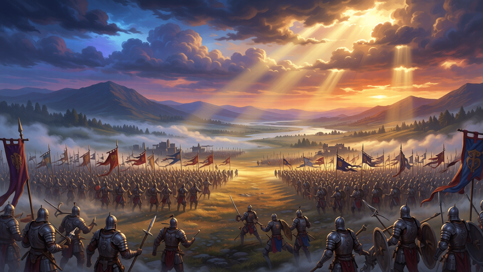Panoramic fantasy battlefield – armies clashing at dawn