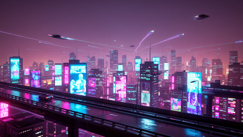 Cyberpunk city skyline – neon towers and flying cars at night