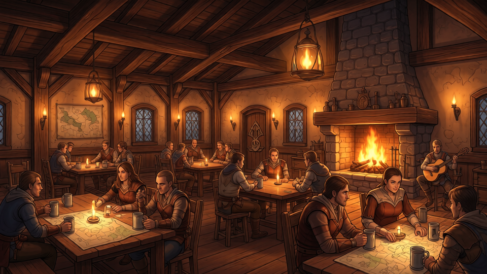 Cozy RPG tavern interior – fireplace and adventurers