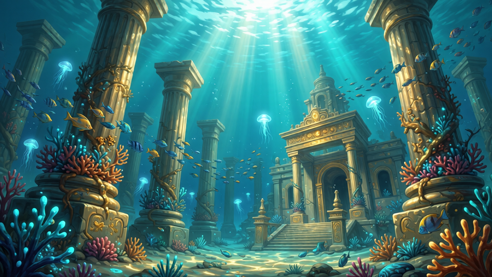 Underwater ruins – sunlight filtering through ancient columns