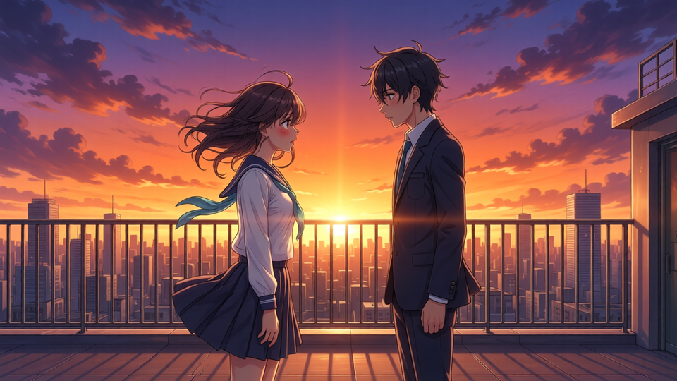 VN scene – rooftop confession at sunset with city below