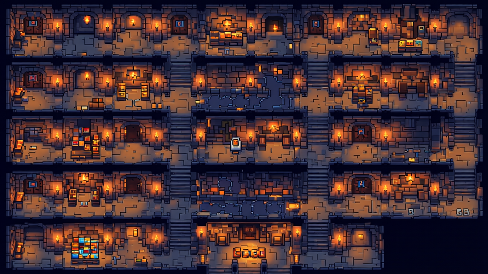 Isometric dungeon overview – multi-floor cutaway map