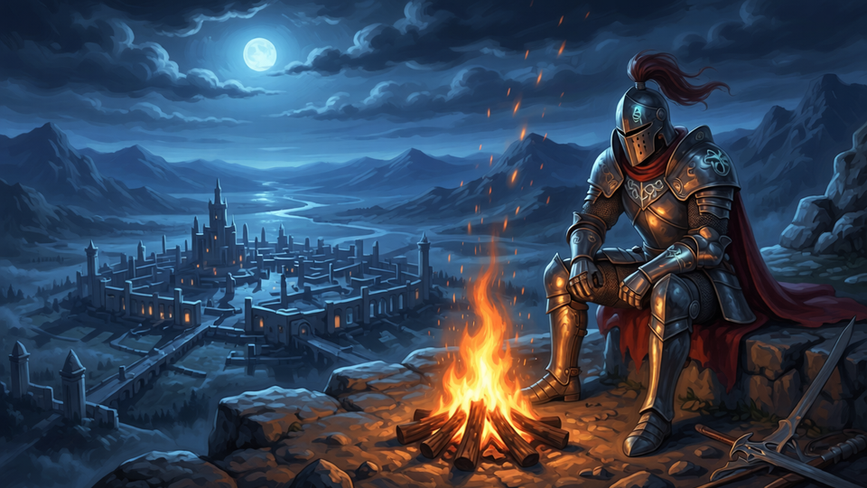 Dark Souls bonfire rest – lone knight at a cliffside shrine