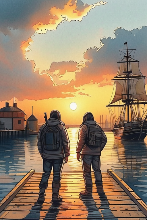 Manga panel – ship at harbor dawn