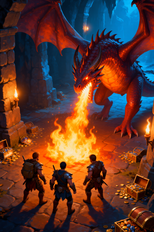 Dungeon crawler – party facing a dragon in torchlit cavern
